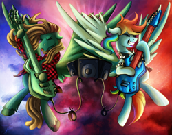 Size: 1750x1378 | Tagged: safe, artist:jamescorck, imported from derpibooru, rainbow dash, oc, oc:thrashy, pegasus, pony, amplifier, electric guitar, guitar, musical instrument, playing instrument, speaker, spikes