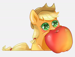 Size: 1416x1080 | Tagged: source needed, safe, artist:erein, imported from derpibooru, applejack, earth pony, pony, apple, big ears, big eyes, chibi, cute, female, food, herbivore, jackabetes, simple background, solo
