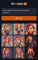 Size: 824x1300 | Tagged: safe, imported from derpibooru, sunset shimmer, equestria girls, ai content, ai generated, generator:craiyon, marvel, punisher, the punisher