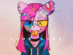 Size: 1200x900 | Tagged: safe, artist:poneko-chan, imported from derpibooru, pinkie pie, anthro, earth pony, bandage, bandaid, choker, clothes, drugs, ear piercing, earring, eye clipping through hair, forked tongue, hoodie, jewelry, looking at you, piercing, pinkamena diane pie, scar, solo, sticker, tongue out, tongue piercing, torn ear