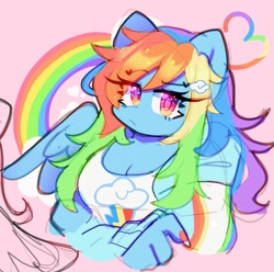 Size: 1231x1222 | Tagged: safe, artist:yinmeowjii, imported from derpibooru, rainbow dash, anthro, pegasus, crossed arms, eye clipping through hair, eyebrows, eyebrows visible through hair, looking at you, solo, unamused