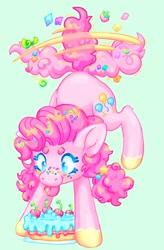 Size: 1346x2048 | Tagged: safe, artist:ibbledribble, imported from derpibooru, pinkie pie, earth pony, pony, cake, food, solo, sprinkles, tail, tailcopter, tongue out