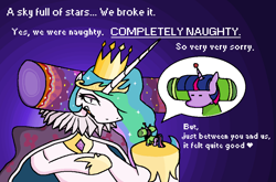 Size: 8039x5312 | Tagged: safe, artist:djsleepyhooves, imported from derpibooru, princess celestia, twilight sparkle, alicorn, pony, unicorn, cape, cel shading, clothes, crossover, crown, dialogue, dot eyes, duo, g4, gradient background, hooves, jewelry, katamari damacy, king of all cosmos, ms paint, prince of all cosmos, regalia, shading, size difference, text
