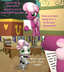 Size: 1920x2160 | Tagged: safe, artist:red4567, imported from derpibooru, cheerilee, sweetie belle, pony, robot, robot pony, 3d, artificial intelligence, oblivious, paper, source filmmaker, sweetie bot
