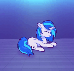 Size: 756x720 | Tagged: safe, artist:__briakitten, imported from derpibooru, dj pon-3, vinyl scratch, pony, unicorn, animated, ears back, eyes closed, frown, lying down, missing accessory, pixel art, prone, sad, solo, webm
