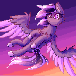 Size: 1000x1000 | Tagged: safe, artist:shad0w-galaxy, derpibooru exclusive, imported from derpibooru, oc, oc only, oc:shadow galaxy, pegasus, pony, cheek fluff, chest fluff, ethereal mane, female, flying, hooves, mare, pixel art, solo, starry mane, sunset