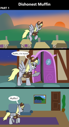 Size: 1920x3516 | Tagged: safe, artist:platinumdrop, imported from derpibooru, derpy hooves, pegasus, pony, comic:dishonest muffin, 3 panel comic, bag, chimney, comic, commission, couch, door, flying, grass, hat, hill, house, living room, mailmare, mailmare hat, mailmare uniform, monologue, picture frame, plant, ponyville, rug, smiling, solo, speech bubble, spread wings, sunset, talking, town, wings
