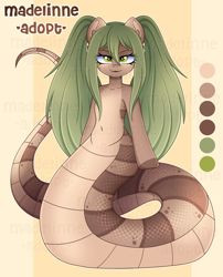 Size: 3420x4231 | Tagged: safe, artist:madelinne, imported from derpibooru, oc, lamia, original species, adoptable, adoptable open, adoption, fangs, female, green hair, long hair, mare, ponytails, simple background, solo