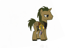 Size: 2800x1752 | Tagged: safe, artist:pvz_bluewing_17, imported from derpibooru, oc, oc only, oc:glowing arrow, pony, unicorn, arrow, bandolier, boots, brown eyes, clothes, coat, crosshair, headphones, holster, horn, male, scar, simple background, solo, stallion, tail, unicorn oc, walkman, white background