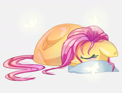 Size: 1416x1080 | Tagged: safe, artist:erein, imported from derpibooru, fluttershy, butterfly, pegasus, pony, big ears, chibi, cute, female, pillow, simple background, sleeping, solo