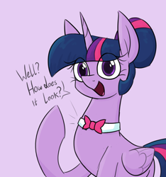 Size: 1190x1272 | Tagged: safe, artist:moonatik, imported from derpibooru, twilight sparkle, alicorn, pony, abstract background, alternate hairstyle, bowtie, colored sketch, cute, female, hair bun, mare, open mouth, open smile, pun, sketch, smiling, solo, talking to viewer, twilight sparkle (alicorn), visual pun