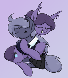 Size: 1275x1467 | Tagged: safe, artist:moonatik, imported from derpibooru, oc, oc only, oc:arlia, oc:selenite, bat pony, pony, abstract background, bat pony oc, clothes, cuddling, cute, fanfic art, fangs, female, hair bun, hug, mare, mother and child, mother and daughter, necktie, ponytail, school uniform, shirt, skirt, smiling, solo