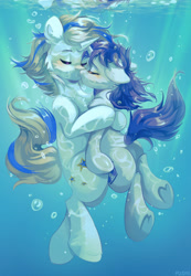 Size: 1280x1854 | Tagged: safe, artist:pledus, imported from derpibooru, oc, oc only, pony, unicorn, blushing, bubble, chest fluff, crepuscular rays, digital art, duo, eyes closed, female, flowing mane, flowing tail, horn, hug, kissing, male, mare, ocean, shipping, signature, stallion, stallion oc, sunlight, tail, underwater, water