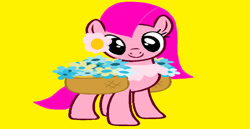 Size: 1280x658 | Tagged: safe, artist:disneyponyfan, imported from derpibooru, earth pony, pony, base used, basket, flower, flower bubble, flower in hair, foofa, g4, logo, nick jr., not pinkamena, not pinkie pie, pink hair, pink mane, pink tail, ponified, rule 85, simple background, smiling, solo, tail, wrong aspect ratio, yellow background, yo gabba gabba!