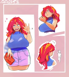 Size: 1800x2000 | Tagged: safe, artist:sozglitch, imported from derpibooru, sunset shimmer, oc, oc:generic messy hair anime anon, human, big breasts, breasts, busty sunset shimmer, canon x oc, clothes, comic, duo, duo female, emanata, female, floating heart, heart, huge breasts, humanized, looking at you, male, open mouth, open smile, purse, shipping, shorts, smiling, smiling at you, straight, watch, waving, waving at you, wristwatch