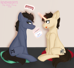 Size: 1562x1429 | Tagged: safe, artist:revenge.cats, imported from derpibooru, earth pony, pony, unicorn, blushing, comb, duo, gay, ice nine kills, magic, magic aura, male, ponified, ricky armellino, sitting, spencer charnas, tongue out