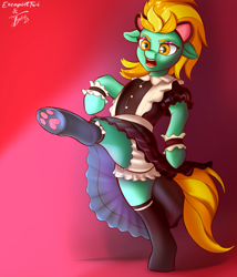 Size: 1200x1400 | Tagged: safe, artist:escapist, artist:tyleks, imported from derpibooru, lightning dust, pegasus, pony, bipedal, cat ears, clothes, collaboration, cute, female, maid, mare, open mouth, paw socks, simple background, solo, standing, standing on one leg