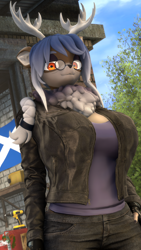 Size: 2160x3840 | Tagged: safe, artist:donglysfm, imported from derpibooru, oc, oc:nova bellflower, anthro, deer, 3d, antlers, big breasts, breasts, clothes, deer oc, denim, female, gilf, glasses, gloves, gradient mane, high res, jacket, jeans, leather, leather jacket, milf, non-pony oc, pants, revamped anthros, solo, source filmmaker