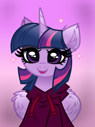 Size: 1009x1356 | Tagged: safe, artist:confetticakez, artist:lincolnbrewsterfan, derpibooru exclusive, imported from derpibooru, twilight sparkle, alicorn, pony, .svg available, bust, clothes, colored sketch, cute, drawstrings, ear fluff, female, folded wings, gradient background, highlights, hoodie, inkscape, looking at you, mare, portrait, simple background, sketch, smiling, smiling at you, solo, sparkles, special, stars, svg, twiabetes, twilight sparkle (alicorn), vector, vector trace, wing fluff, wings