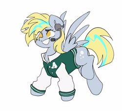 Size: 1656x1518 | Tagged: safe, artist:madiwann, imported from derpibooru, derpy hooves, pegasus, pony, clothes, female, flying, headphones, jacket, mare, microphone, simple background, smiling, solo, varsity jacket, white background
