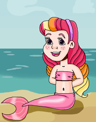 Size: 547x693 | Tagged: safe, artist:ocean lover, imported from derpibooru, oc, oc only, oc:honeycrisp blossom, human, mermaid, adorable face, bandeau, bare shoulders, beach, belly, belly button, bikini, bikini top, blush lines, blushing, cheerful, child, clothes, cloud, cute, fins, fish tail, freckles, friendly, hairband, happy, human coloration, humanized, innocent, light skin, looking at you, mermaid tail, mermaidized, mermay, midriff, ms paint, multicolored hair, ocean, offspring, open mouth, open smile, outdoors, parent:big macintosh, parent:princess cadance, parents:cadmac, purple eyes, sand, sitting, sky, sleeveless, smiling, smiling at you, species swap, strapless, swimsuit, tail, tail fin, water, wave