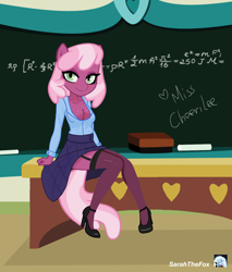 Size: 2550x3000 | Tagged: safe, artist:sarahthefox97, imported from derpibooru, cheerilee, anthro, earth pony, my little pony: pony life, spoiler:g5, blouse, breasts, chalkboard, cleavage, clothes, deviantart, g4.5, garter belt, garter straps, high heels, lidded eyes, looking at you, nudity, partial nudity, sexy, shoes, skirt, stockings, thigh highs