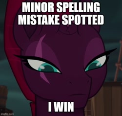 Size: 528x500 | Tagged: safe, edit, edited screencap, editor:icicle-wicicle-1517, imported from derpibooru, screencap, tempest shadow, pony, unicorn, my little pony: the movie, broken horn, caption, cropped, eye scar, facial scar, female, grammar nazi, horn, image macro, imgflip, mare, meme, scar, solo, text