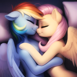 Size: 2560x2560 | Tagged: safe, imported from derpibooru, fluttershy, rainbow dash, pegasus, pony, ai content, ai generated, bed, bedroom, cuddling, cute, duo, duo female, eyes closed, female, flutterdash, generator:novelai, generator:stable diffusion, happy, high res, lesbian, looking at each other, looking at someone, lying down, mare, on side, pillow, prompter:endless--, shipping, smiling, smiling at each other, snuggling, spread wings, wings