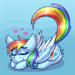 Size: 1000x1000 | Tagged: safe, artist:shad0w-galaxy, imported from derpibooru, rainbow dash, pegasus, pony, blushing, cute, dashabetes, eyes closed, female, gradient background, heart, lying down, mare, pixel art, smiling, solo