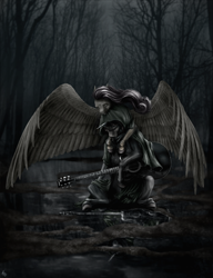 Size: 1000x1300 | Tagged: safe, artist:adept_fluttershy, imported from derpibooru, fluttershy, oc, pegasus, pony, crying, dark, forest, guitar, melancholy, musical instrument, sad