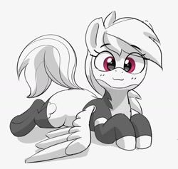 Size: 1200x1141 | Tagged: safe, artist:pabbley, imported from derpibooru, rainbow dash, pegasus, pony, :3, black and white, blushing, clothes, cute, dashabetes, eye clipping through hair, eyebrows, eyebrows visible through hair, female, grayscale, latex, latex socks, looking at you, lying down, mare, monochrome, partial color, prone, raised tail, simple background, smiling, smiling at you, socks, solo, sploot, stockings, tail, thigh highs, uniform, white background, wonderbolts uniform