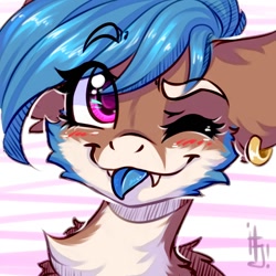 Size: 1200x1200 | Tagged: safe, artist:falafeljake, imported from derpibooru, oc, oc:lissy fluffball, blue mane, bust, chest fluff, cute, ear fluff, ear piercing, looking at you, one eye closed, piercing, pink eyes, portrait, tongue out, wink, winking at you