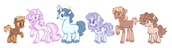 Size: 2369x666 | Tagged: safe, artist:grubgruel, imported from twibooru, applejack, fancypants, fleur-de-lis, earth pony, pony, unicorn, alternate design, base used, fancyfleur, female, fleurjack, halo, height difference, image, magical lesbian spawn, male, mare, next generation, offspring, parents:fleurjack, png, shipping, short hair, stallion, straight