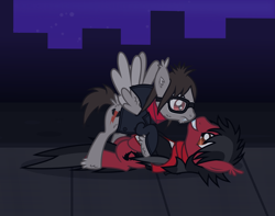 Size: 2611x2059 | Tagged: safe, artist:lightningbolt, derpibooru exclusive, imported from derpibooru, bat pony, pegasus, pony, undead, vampire, vampony, .svg available, bat wings, cheek fluff, chin fluff, city, clothes, duo, duo male, ear fluff, eyeliner, fall out boy, fangs, folded wings, frown, glasses, grin, happy, hoof fluff, jacket, leg fluff, looking at each other, looking at someone, lying down, makeup, male, messy mane, mikey way, my chemical romance, night, night sky, on back, outdoors, pete wentz, ponified, raised hoof, scarf, shocked, sidewalk, sky, slit pupils, smiling, spread wings, stallion, standing, svg, tail, tail feathers, vector, wing fluff, wings