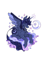 Size: 1280x1714 | Tagged: safe, artist:regenko, imported from derpibooru, princess luna, alicorn, pony, alternate hairstyle, chest fluff, leonine tail, moon, redesign, simple background, solo, spread wings, tail, transparent background, wings