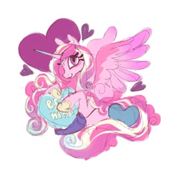 Size: 1280x1280 | Tagged: safe, artist:regenko, imported from derpibooru, princess cadance, alicorn, pony, heart, holiday, pillow, simple background, solo, valentine, valentine's day, white background