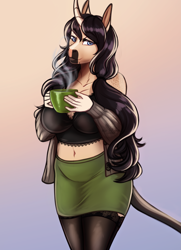 Size: 2311x3195 | Tagged: safe, artist:blackblood-queen, imported from derpibooru, oc, oc only, oc:beryl lovegreen, anthro, unguligrade anthro, unicorn, anthro oc, belly button, clothes, coffee mug, curved horn, digital art, female, gilf, gradient background, grandmother, horn, leonine tail, mare, midriff, milf, mug, smiling, solo, tail, unicorn oc