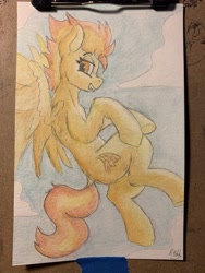 Size: 2986x3981 | Tagged: safe, artist:reddthebat, imported from derpibooru, spitfire, pegasus, pony, female, flying, grin, lidded eyes, looking at you, mare, smiling, smiling at you, solo, spread wings, traditional art, watercolor painting, wings