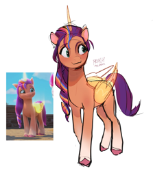 Size: 2171x2430 | Tagged: safe, artist:peachmichea, imported from derpibooru, screencap, sunny starscout, zipp storm, alicorn, pegasus, pony, spoiler:my little pony: make your mark, spoiler:my little pony: make your mark chapter 2, spoiler:myms01e04, ali-conned, artificial alicorn, artificial horn, artificial wings, augmented, coat markings, doodle, female, folded wings, g5, glowing, glowing horn, glowing wings, horn, looking sideways, mane stripe sunny, mare, my little pony: make your mark, my little pony: make your mark chapter 2, race swap, scene interpretation, screencap reference, signature, simple background, smiling, socks (coat markings), solo focus, sunnycorn, tail, unshorn fetlocks, white background, wings