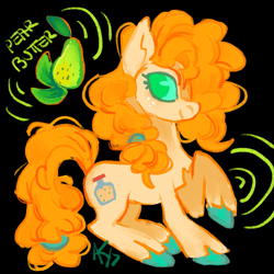 Size: 1111x1111 | Tagged: safe, artist:sillyfillies, imported from derpibooru, pear butter, earth pony, pony, black background, colored hooves, food, freckles, green eyes, pear, simple background, solo
