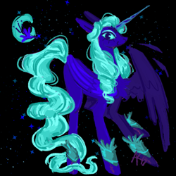 Size: 1111x1111 | Tagged: safe, artist:sillyfillies, imported from derpibooru, opaline arcana, alicorn, pony, alternate design, bracer, female, g5, horn, looking at you, mare, moon, one wing out, smiling, smiling at you, solo, stars, tail, wings