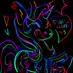 Size: 1111x1111 | Tagged: safe, artist:sillyfillies, imported from derpibooru, starlight glimmer, pony, unicorn, black background, eyes closed, heart, rainbow colors, simple background, smiling, solo