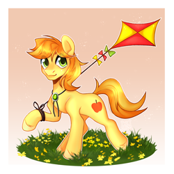 Size: 2000x2000 | Tagged: safe, artist:riko, imported from derpibooru, braeburn, earth pony, pony, braebetes, commission, cute, gradient background, grass, kite, looking at you, male, missing accessory, solo, stallion, two toned mane, ych result, younger, your character here