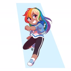 Size: 2048x2048 | Tagged: safe, artist:applesartt, imported from derpibooru, rainbow dash, human, chibi, clothes, converse, dark skin, grin, humanized, jacket, looking at you, moderate dark skin, shoes, smiling, sneakers, solo, teeth