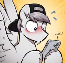 Size: 2005x1953 | Tagged: safe, artist:selenophile, imported from derpibooru, oc, oc only, oc:seleno, pegasus, pony, backwards ballcap, baseball cap, blushing, blushing profusely, cap, cellphone, facial hair, hat, male, pegasus oc, phone, reaction image, solo, spread wings, stallion, surprised, sweat, wingboner, wings