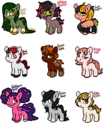 Size: 2293x2738 | Tagged: safe, artist:sexygoatgod, imported from derpibooru, oc, oc only, oc:april may, oc:blood drive, oc:bubblegum blast, oc:cafe latte, oc:carrot cake, oc:crome deep, oc:luna sunglow, oc:prissy silk, oc:spritzee zoomie, earth pony, pegasus, pony, unicorn, adoptable, chibi, female, male, simple background, small wings, transparent background, wings