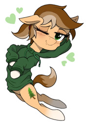 Size: 785x1112 | Tagged: safe, artist:spackle, imported from derpibooru, oc, oc:amber evergreen, oc:buck evergreen, earth pony, pony, blushing, clothes, coat markings, female, heart, hoodie, lying down, mare, markings, one eye closed, ponytail, rule 63, simple background, simple shading, smiling, socks (coat markings), solo, white background, wink