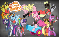 Size: 8000x5000 | Tagged: safe, artist:zeffdakilla, imported from derpibooru, applejack, berry punch, berryshine, derpy hooves, fluttershy, pinkie pie, rainbow dash, rarity, spitfire, twilight sparkle, alicorn, earth pony, pegasus, pony, unicorn, alcohol, bandage, beanie, bipedal, bullet, bullet belt, carrying, clothes, crossover, demoman, derp, engiejack, engineer, flamethrower, fluttermedic, flying, gas mask, gloves, grenade, hard hat, hat, headphones, heavy, heavy weapons guy, hoof on chest, jacket, logo, looking at you, looking sideways, mask, medi gun, medic, open mouth, party cannon, pyro, rainbow scout, raised arm, raised hoof, raised leg, rarispy, scared, scout, sitting, smiling, sniper, soldier, spread wings, spy, standing, suit, team fortress 2, twilight sniper, unicorn twilight, vest, weapon, wings, yelling