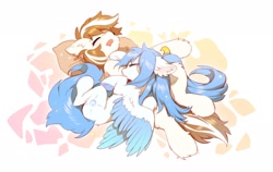 Size: 2048x1295 | Tagged: safe, artist:swaybat, imported from derpibooru, oc, oc only, earth pony, pegasus, pony, duo, ear fluff, pillow, simple background, sleeping, white background