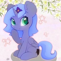 Size: 3000x3000 | Tagged: safe, artist:zokkili, imported from derpibooru, princess luna, alicorn, pony, chibi, crown, cute, female, filly, folded wings, green eyes, hoof on chin, jewelry, regalia, sitting, smiling, solo, wings, woona, younger